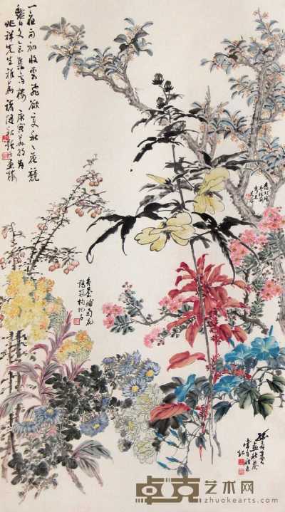 诸健秋 陈旧村等 庚寅（1950年）作 花卉 立轴 142×79cm